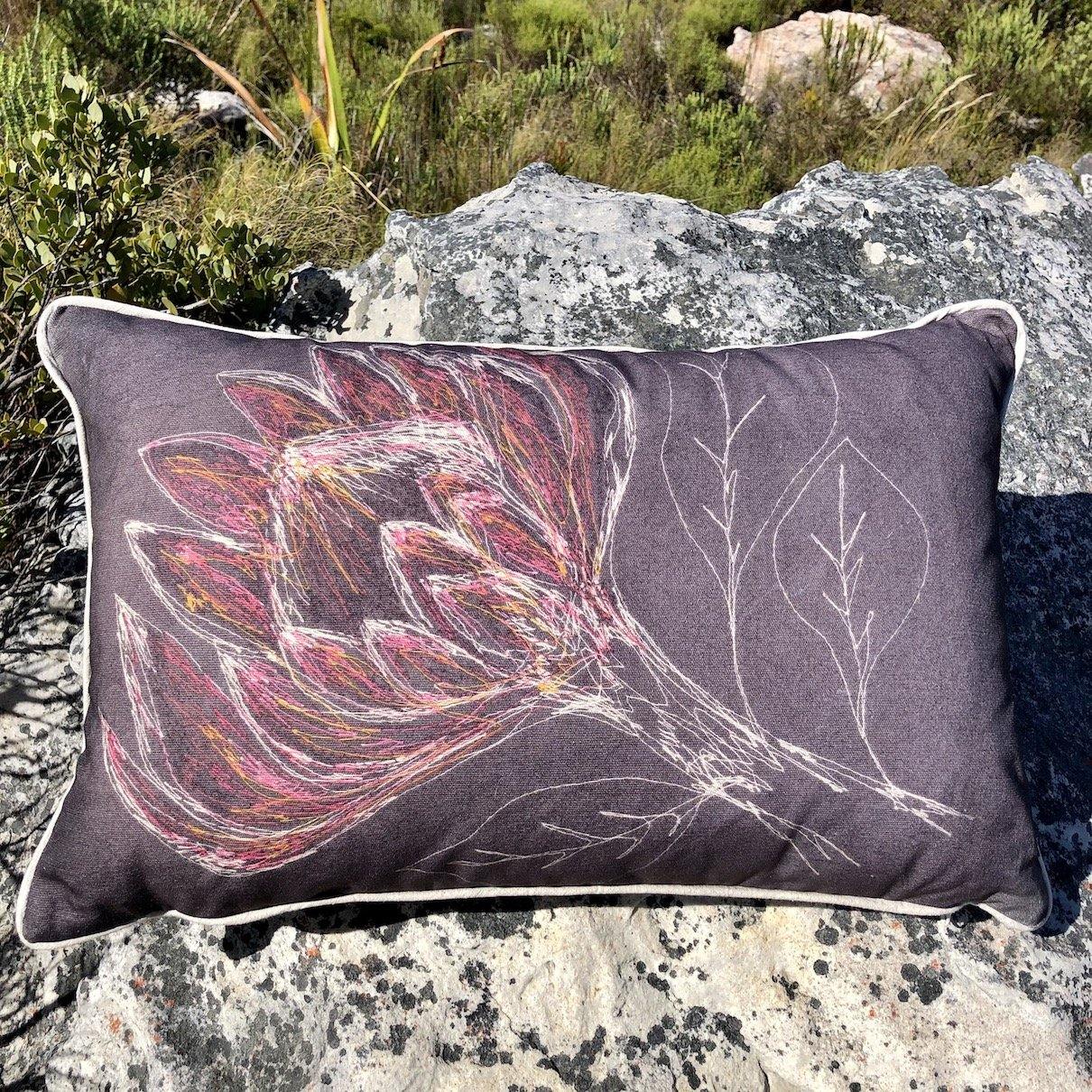 Charcoal King Protea Cushion Cover (Printed) - threads that bind us