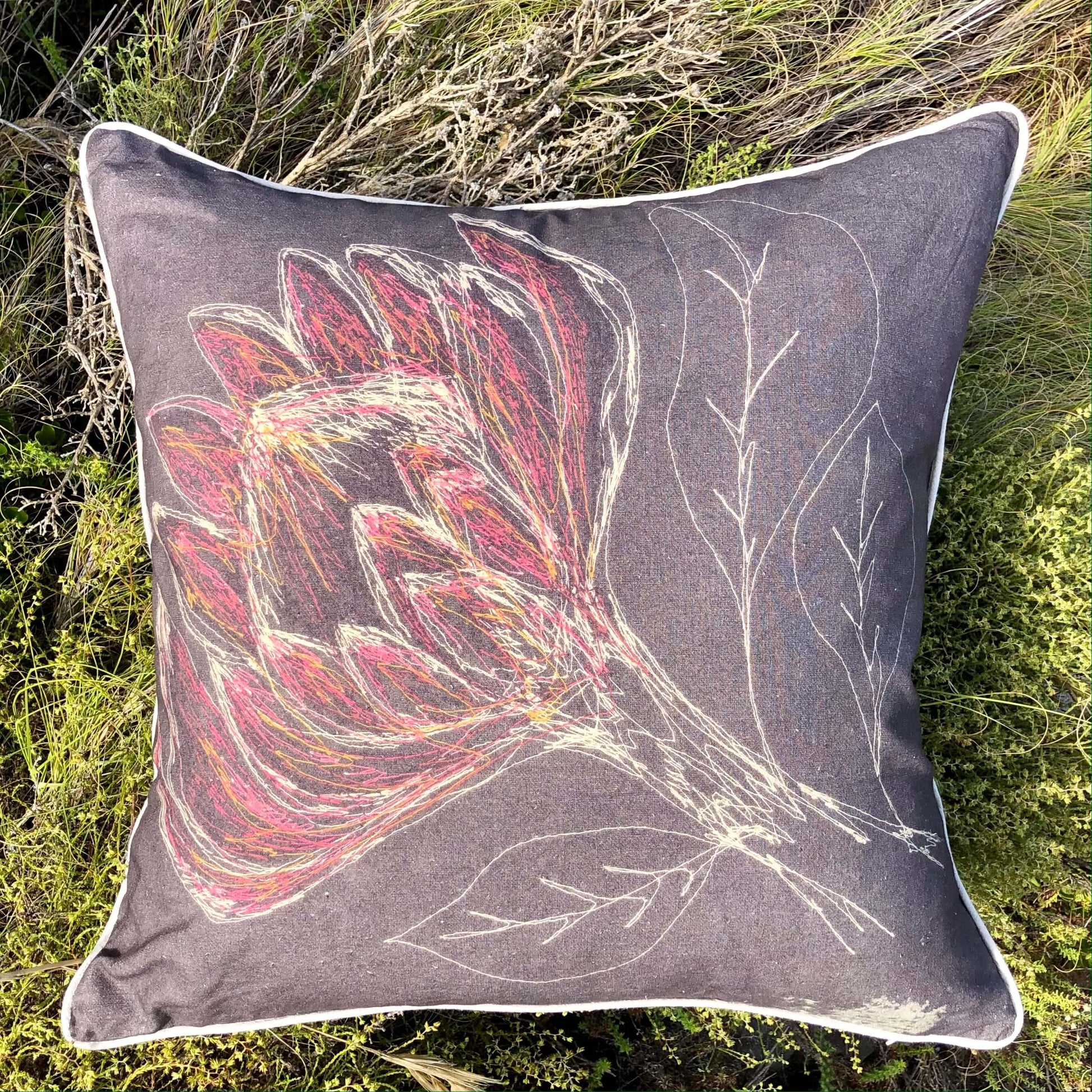 Charcoal King Protea Cushion Cover (Printed) - threads that bind us