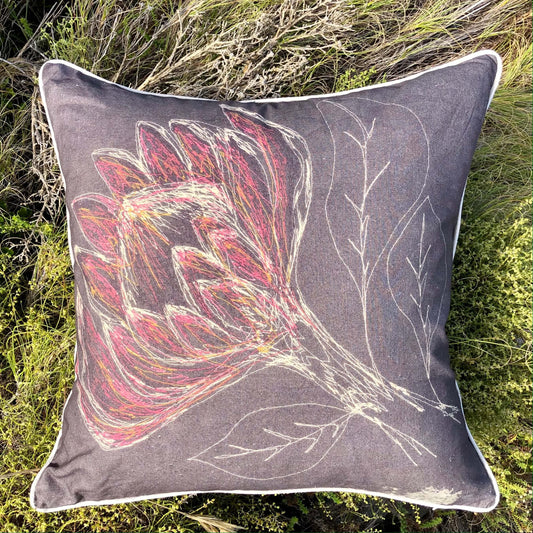 Charcoal King Protea Cushion Cover (Printed) - threads that bind us